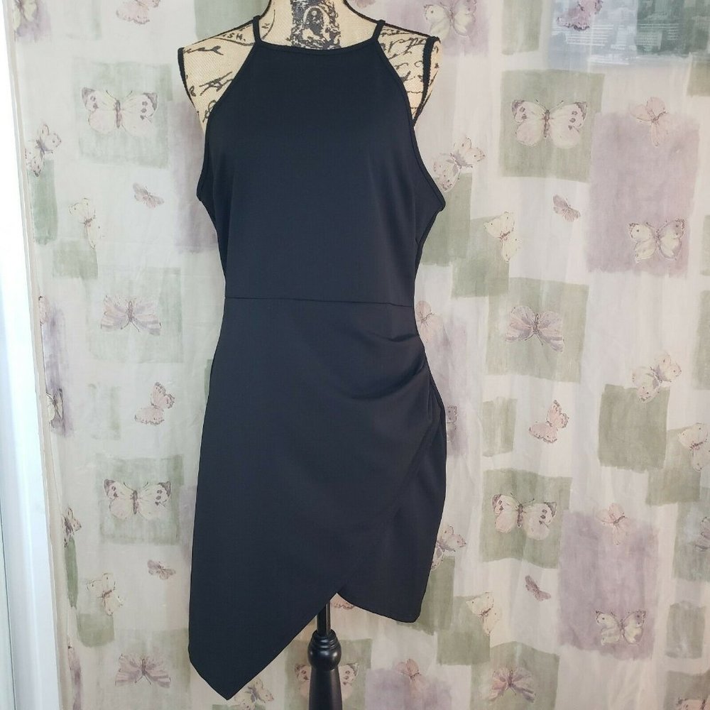 Black spaghetti strap wrap gathered side asymmetrical hem dress
